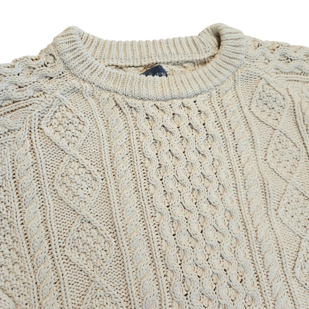 LL Bean Signature Fisherman Sweater Mens L Cream Cable Knit Cotton Crewneck